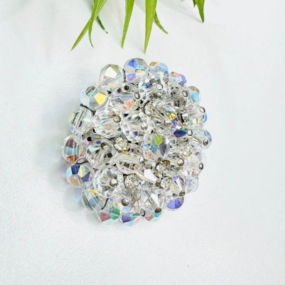Vintage 50s Retro Aurora Borealis Glass Bead Clear Rhinestone Cluster Brooch